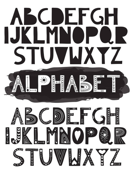 2 vektör latin doodle komik alfabe ayarla: afiş, kartpostallar, davetiyeler vb için kullanılabilir. - Vektör, Görsel