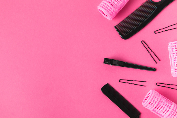 top view of hairdressing tools, isolated on pink - Photo, Image