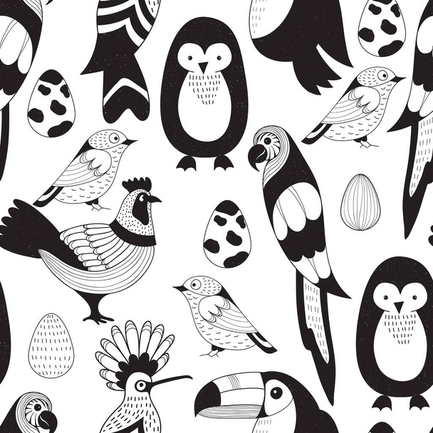 Seamless Pattern with birds and eggs. Incluedes: Parrot, toucan, hoopoy, rooster, penguin, sparrow. Scandinavian style. - Вектор,изображение