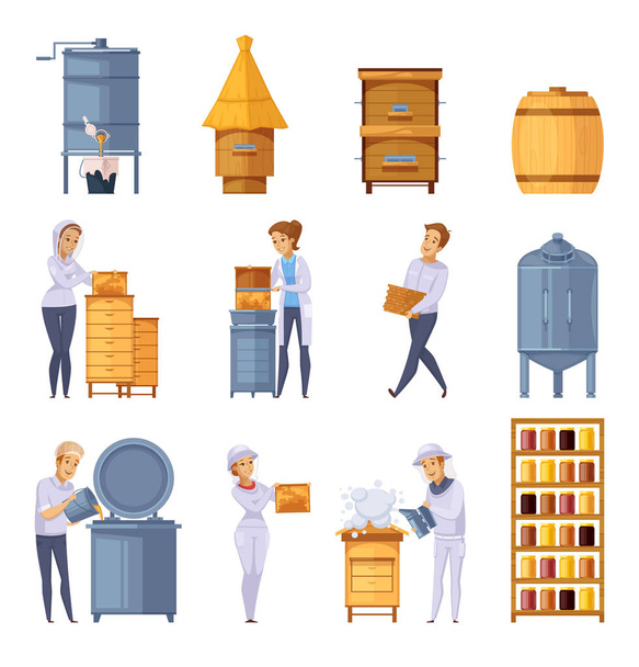 養蜂場の蜂蜜生産漫画セット - ベクター画像