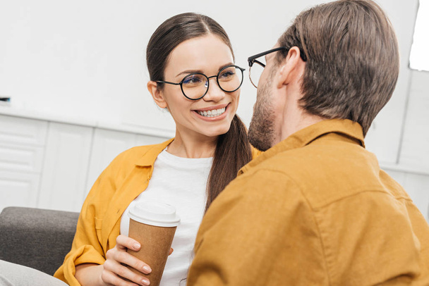 close-up shot of couple flirting and drinking coffee - Foto, Imagem