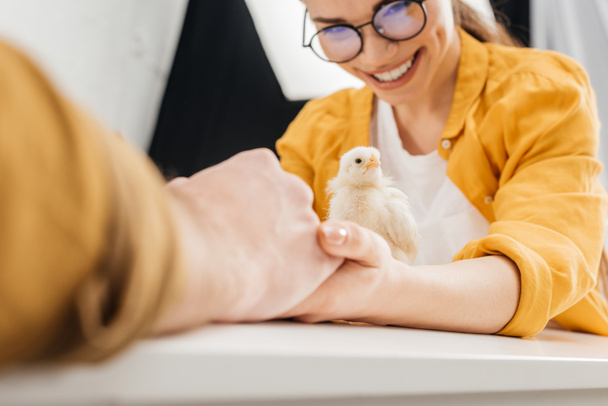 couple holding hands and taking care of little chick on table at home - Foto, Imagem