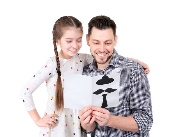 Little girl greeting her dad with Father's Day on white background - Fotoğraf, Görsel