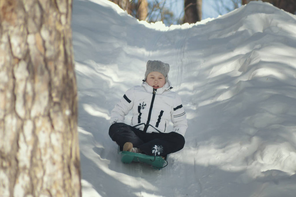 Маленькая симпатичная девочка-подросток катается на санках в зимнем солнечном лесу
 - Фото, изображение