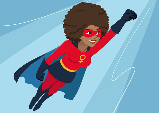 フライトのスーパー ヒーローの女性。魅力的な若いアフリカ系アメリカ人 wom - ベクター画像