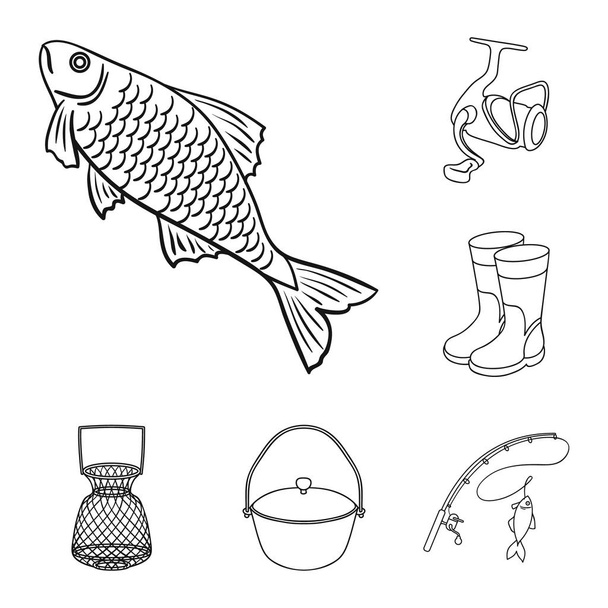 Fishing and rest outline icons in set collection for design. Tackle for fishing vector symbol stock web illustration. - Διάνυσμα, εικόνα