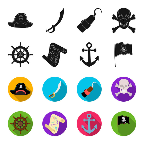 Pirate, bandit, rudder, flag .Pirates set collection icons in black,flet style vector symbol stock illustration web. - Vecteur, image