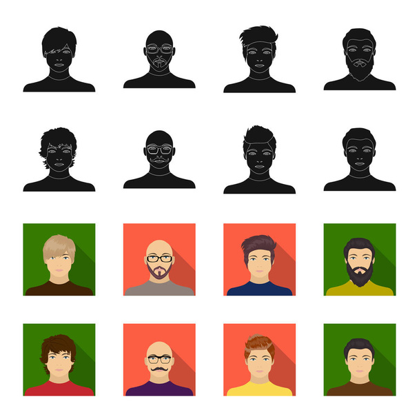 Η εμφάνιση του ο νεαρός άντρας, το πρόσωπο του ένα φαλακρό άνδρα με μουστάκι με τα γυαλιά του. Προσώπου και η εμφάνιση που συλλογή εικονιδίων στο μαύρο, flet στυλ διάνυσμα σύμβολο μετοχής εικονογράφηση web. - Διάνυσμα, εικόνα