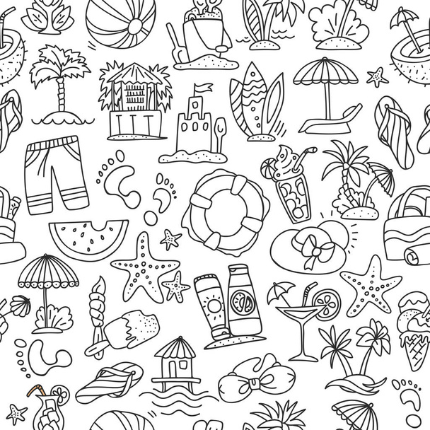 Summer, travel and beach sketch seamless pattern in black and white colors. Travelling hand draw elements with decoration on white background. Palm, summer pattern - Vektor, obrázek