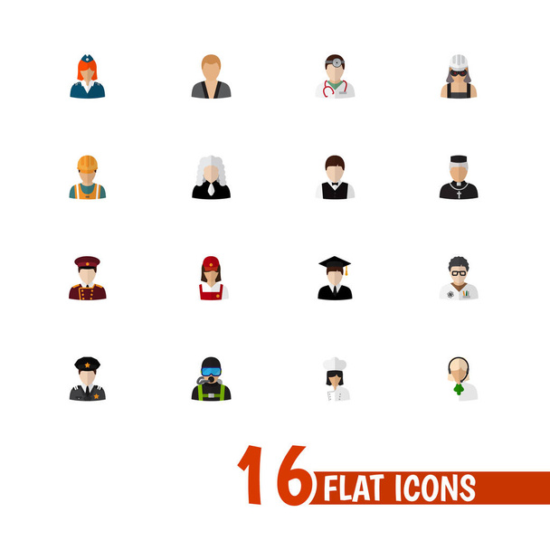 16 szerkeszthető szakma ikonok lapos stílusú halmaza. Magában foglalja a szimbólumok, mint a portás, orvos, szakács és így tovább. Lehet használni a web, mobil, Ui és infographic design. - Fotó, kép