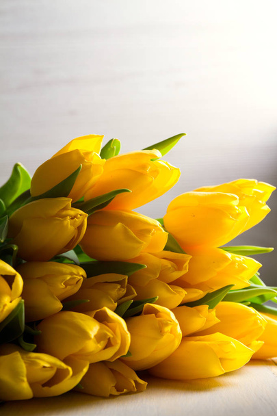 Bouquet of spring tulips flowers on white wooden background. Yellow tulips. Room for text - Foto, Bild