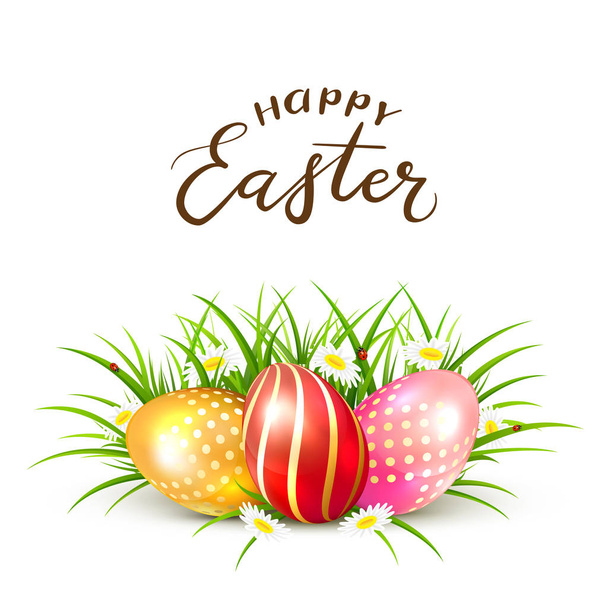 Easter eggs in grass with flowers - Vector, imagen