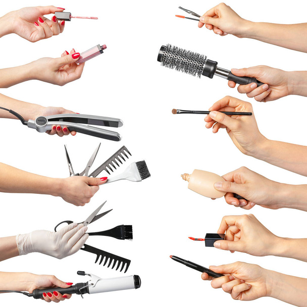 collection of female hands holding tools for makeup and hairstyling isolated on white background - Foto, immagini