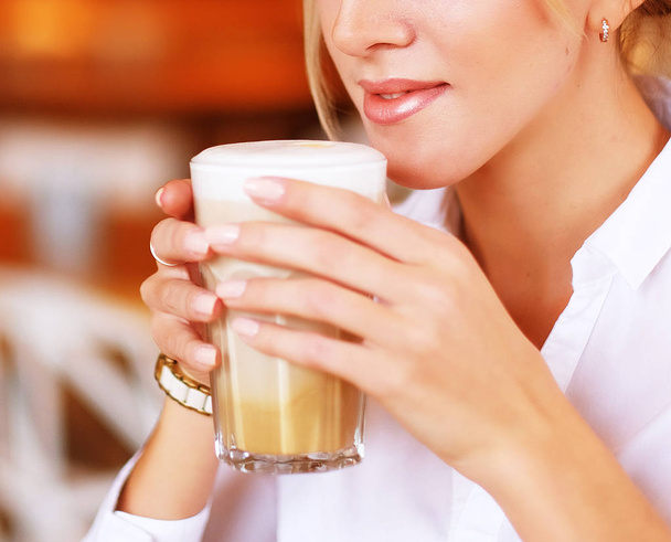 lifestyle and people concept: Beautiful Girl With Cup of Coffee - Photo, Image