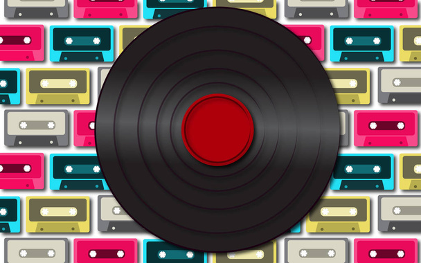 Černé retro, bokové, staré, stará, hudební starožitný vinyl záznam na pozadí pestrobarevným audio kazety. Vektorové ilustrace. - Vektor, obrázek