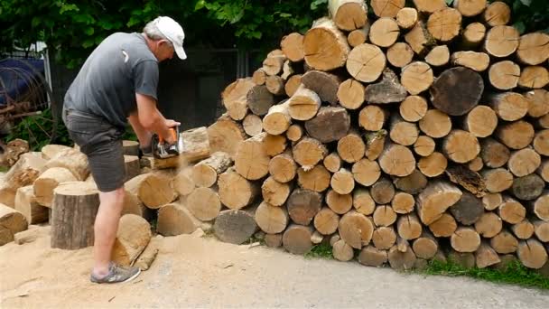 Egy ember van fűrészelés fa láncfűrésszel. Lassú mozgás - Felvétel, videó