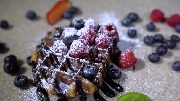 Delicious holiday wafers with raspberries and blueberries / waffles with berries and sweet powder - Filmagem, Vídeo