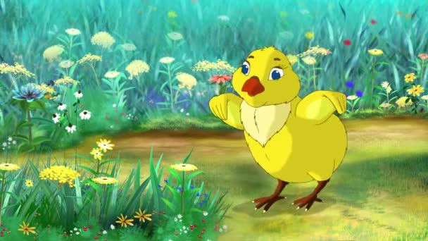 Sárga csirke áll, és egy napsütéses napon a virág meadow tweets. Kézzel készített animáció, motion grafika. - Felvétel, videó