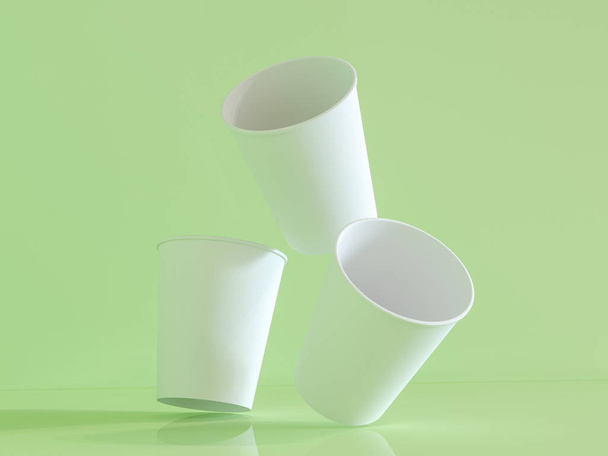 3d model of paper cups on the plane under natural light. Green background. 3d renderer. - Foto, Imagen