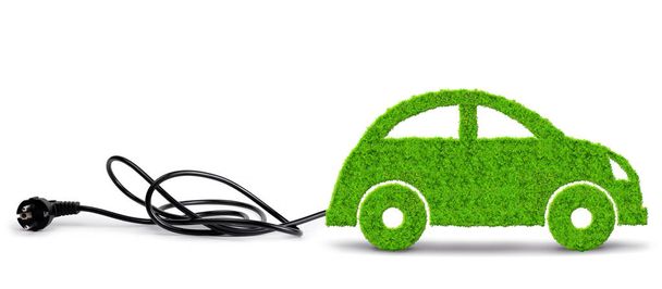 Green eco car with electric plug on white background. Concept of ecology transport. - Photo, Image
