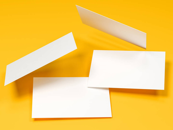 render 3d images of business cards dynamically scattered on a yellow background. - Φωτογραφία, εικόνα