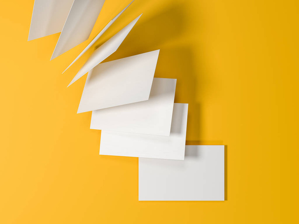 render 3d images of business cards dynamically scattered on a yellow background. - Foto, Imagen