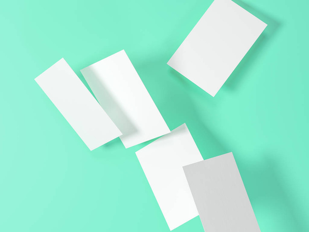 render 3d images of business cards dynamically scattered on a turquoise background. - Foto, afbeelding