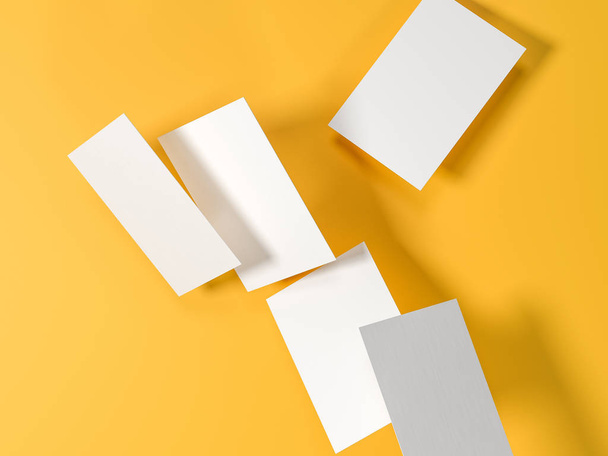 render 3d images of business cards dynamically scattered on a yellow background. - Φωτογραφία, εικόνα