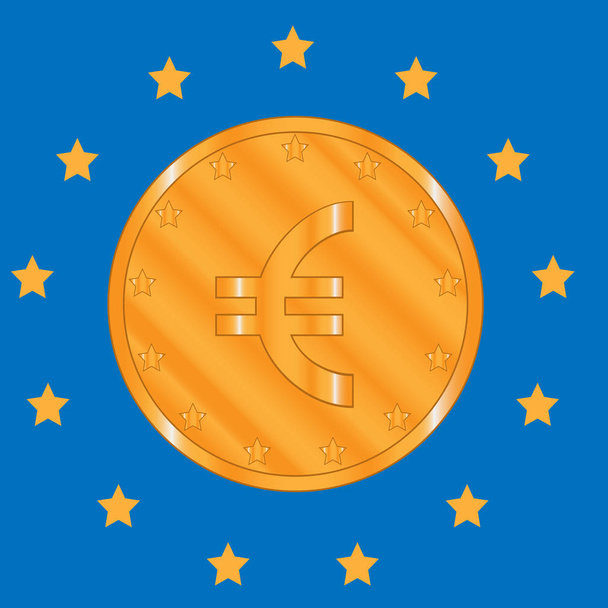 Moneta in euro in oro sullo sfondo con bandiera dell'Unione Europea
 - Vettoriali, immagini