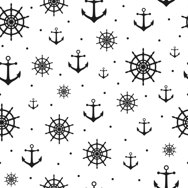 Seamless pattern with icons of steering wheel and anchor on a white background - Vector, Image