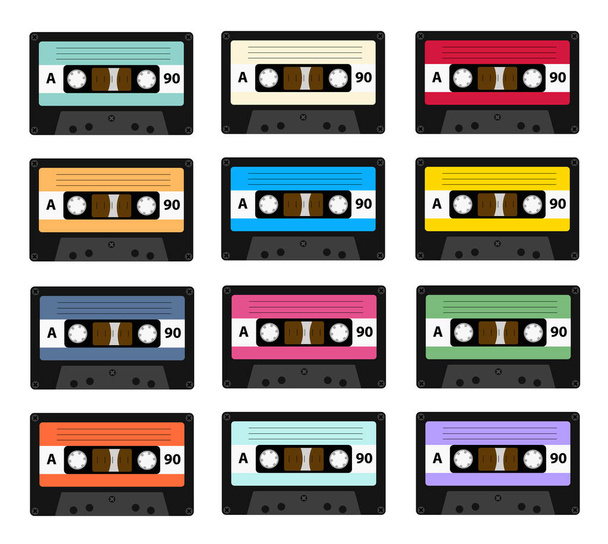 Set of audio cassette old tape recorders used in the 80s of the 20th century. It can be used as an illustration of the history of the technology of sound reproduction technology. - Вектор,изображение