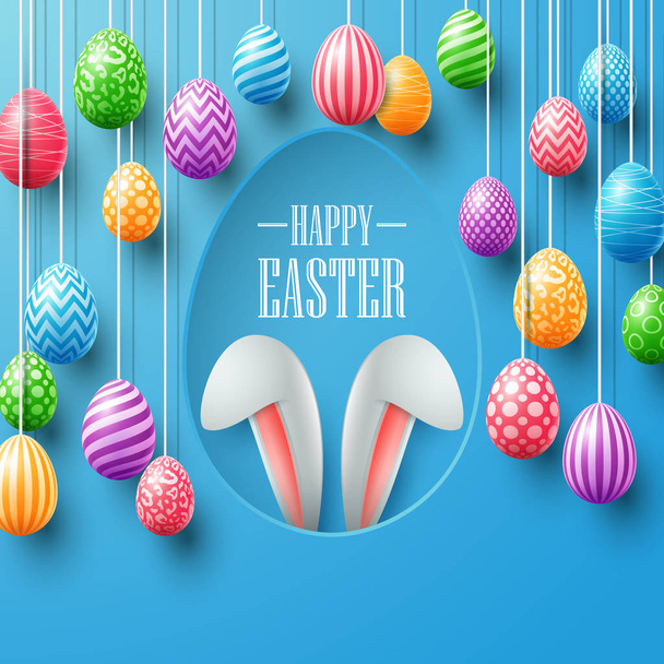 Цветные пасхальные яйца висят с кроличьими ушами в яйцеклетке на синем фоне
 - Вектор,изображение
