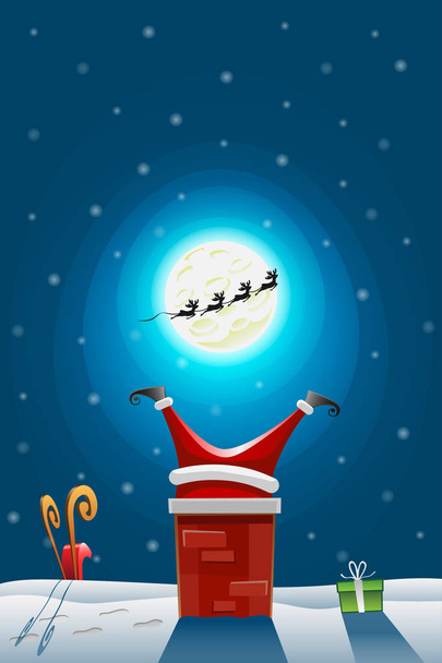 Santa claus stuck in the Chimney - Reindeers run away - Sled and gifts falls down - Vector, Image