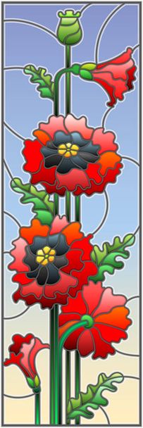 垂直方向の空の背景に赤いケシの花の花束を持つステンド グラス スタイルのイラスト - ベクター画像