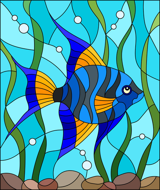 Εικονογράφηση στο λεκιασμένο γυαλί στυλ μπλε ψάρια ανυσμάτων στο φόντο του νερού και φύκια - Διάνυσμα, εικόνα
