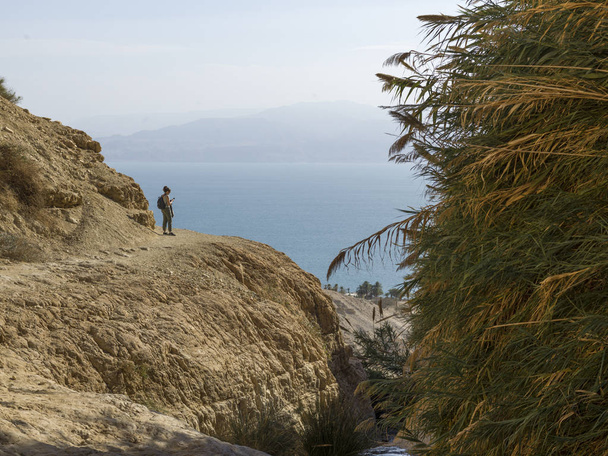 Teini-ikäinen tyttö seisoo kivellä, En Gedin luonnonsuojelualue, Juudean autiomaa, Kuolleen meren alue, Israel - Valokuva, kuva