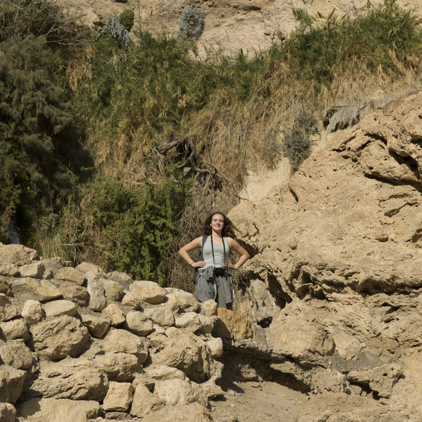 Happy teenage girl standing on rock, En Gedi Nature Reserve, Judean Desert, Dead Sea Region, Israel - Photo, Image