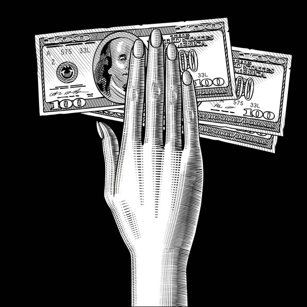 Рука женщины ладонью вниз с банкнотами в 100 долларов на черном
 - Вектор,изображение