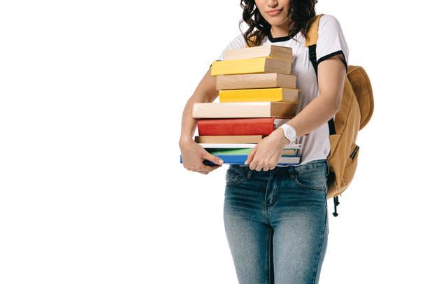 cropped image of african american teen student holding stack of books isolated on white - Foto, afbeelding