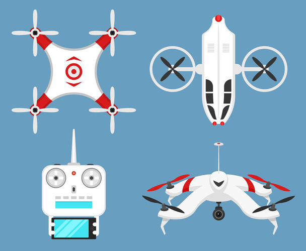 Ensemble de drones d'air modernes et télécommande. Science et technologies modernes. Illustration vectorielle. Robot radio ou avion avec une caméra en l'air. Systèmes et développements innovants
. - Vecteur, image