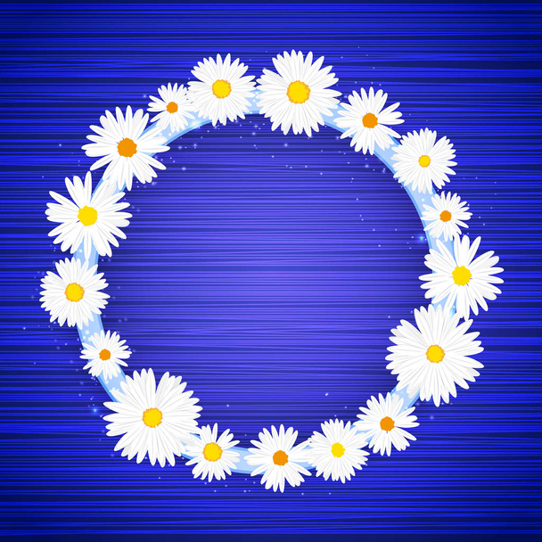 Vector round floral frame with lights effect on bright blue background. Shining banner with stars and glitter. Vector template - ベクター画像