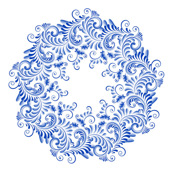 Decorative exquisite porcelain plate ornate in traditional Russian style Gzhel. Isolated blue round floral pattern. - Vector, Imagen
