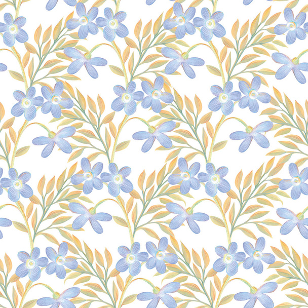 Design sem costura floral brilhante com flores azuis e folhas douradas
 - Foto, Imagem