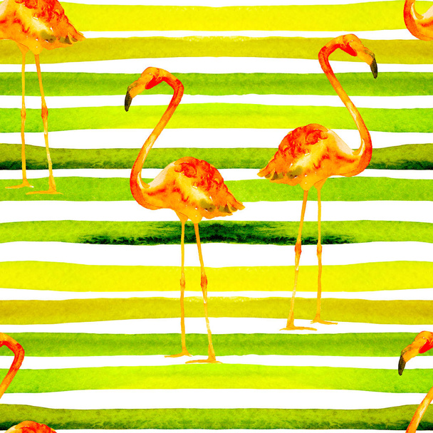 Watercolor Stripes Seamless Pattern with Flamingo. - 写真・画像