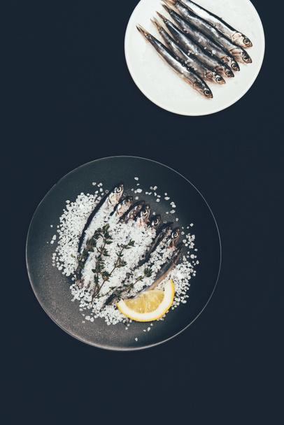 Top view of plate and frying pan with salted pile of fish and lemon slice isolated on black - Photo, image