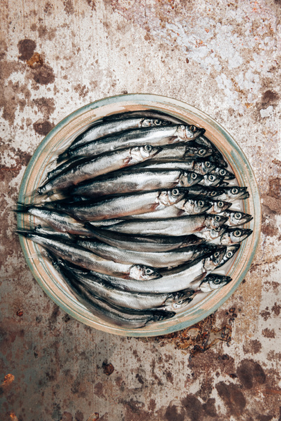 Top view of pile of fish on plate on rustic surface - Valokuva, kuva