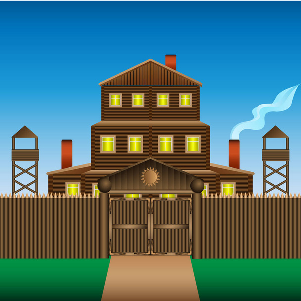 a large three-story log house with a wooden fence - Vector, Image
