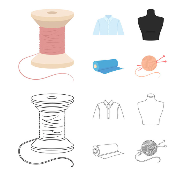 A man shirt, a mannequin, a roll of fabric, a ball of threads and knitting needles.Atelier set collection icons in cartoon,outline style vector symbol stock illustration web. - Vecteur, image