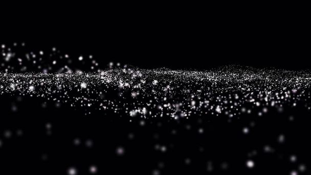Dust Particles. Natural Floating Organic Particles On Black Background. Abstract particle background. particles of different size and opacity flows to the side. Glittering Particles With Bokeh - Photo, Image