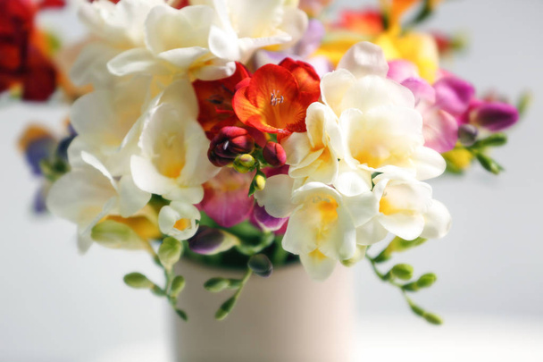 Beautiful bouquet of freesia flowers, closeup - Фото, изображение